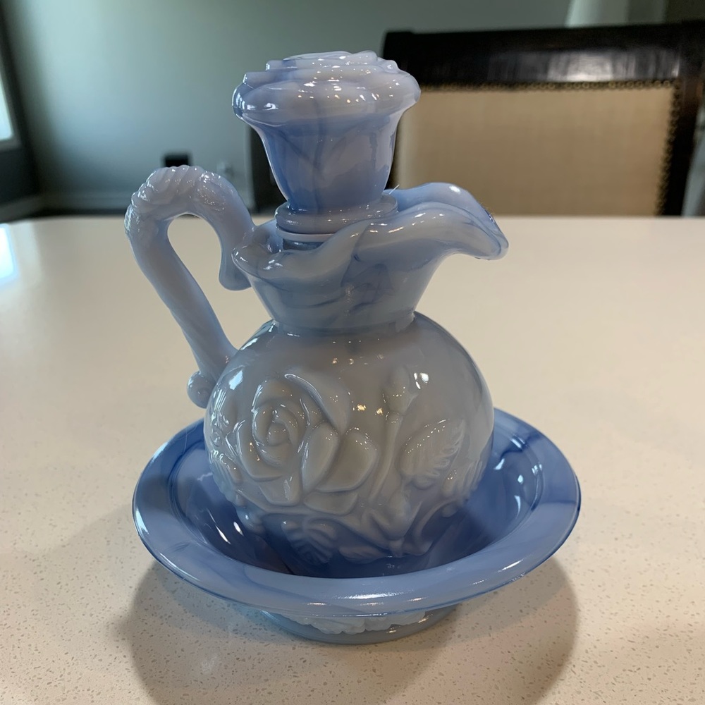 Vintage Avon Blue Pitcher and Bowl Set Skin So Soft Bath Oil Decanter 1978